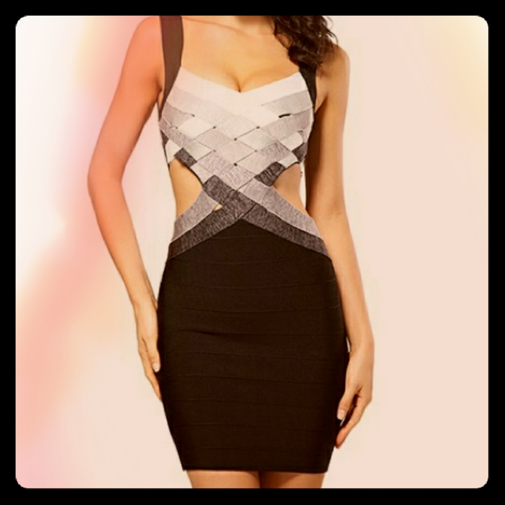 Black Gray Crisscross Cut-Out Bandage Dress